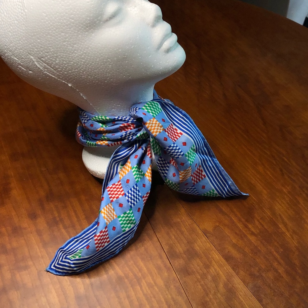 60s 100% Silk Checkered and Striped Scarf